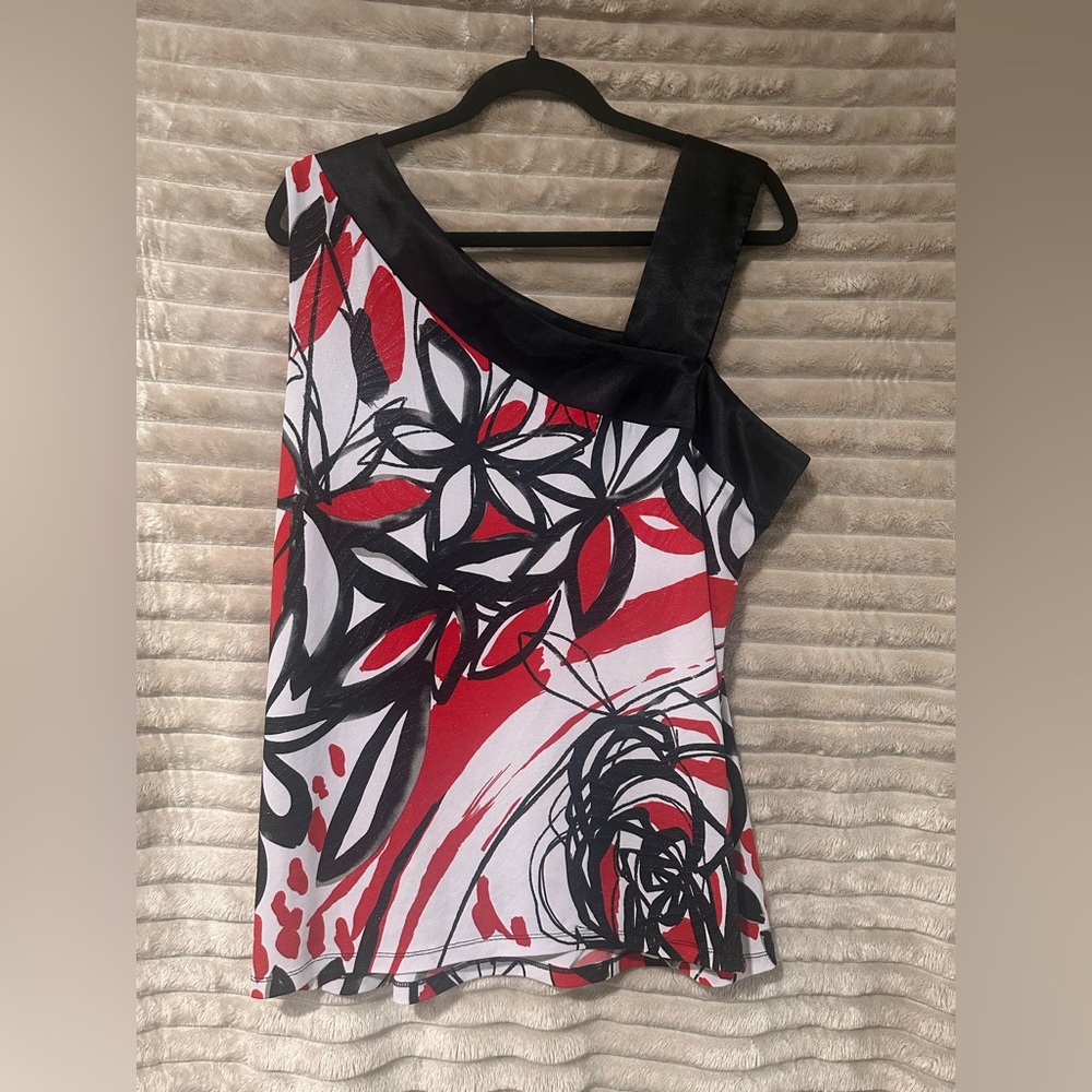 Dress Barn Red, Black & White sparkly One-Shoulder Floral-Print Dress